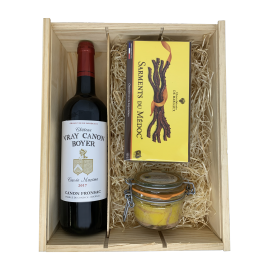 Coffret Gourmet avec 1 bouteille Vin Vray Canon Boyer + Chocolat + Foie Gras