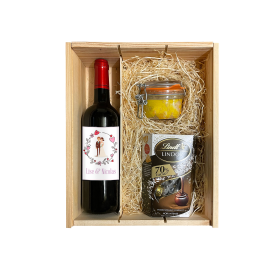 Coffret Gourmet avec 1 bouteille Vin + Chocolat + Foie Gras