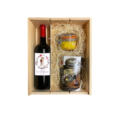 Coffret Gourmet avec 1 bouteille Vin + Chocolat + Foie Gras